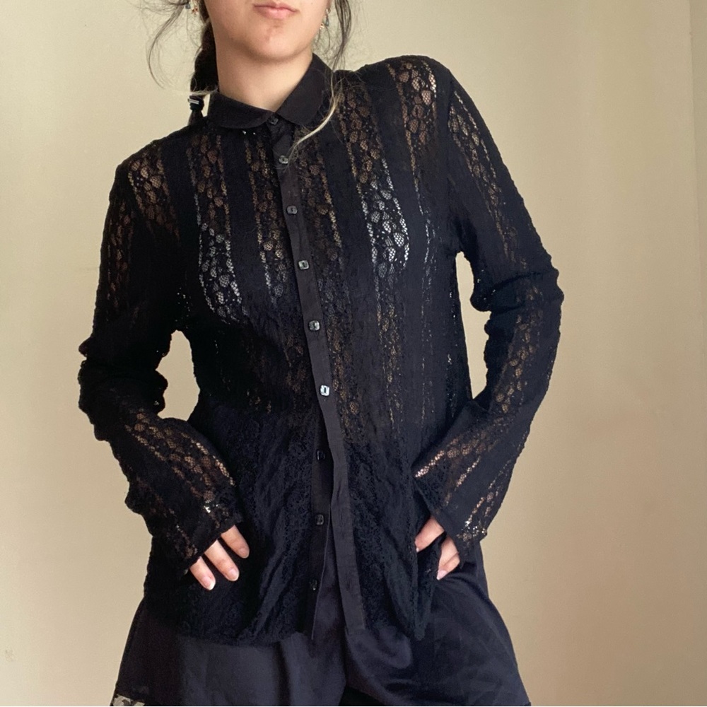 90s lace J Jill coquette lace dainty delicate button up long sleeve mesh shirt